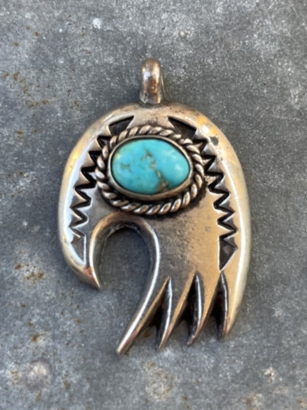 Vintage Badger Paw Old Pawn Turquoise and Sterling Silver Pendant